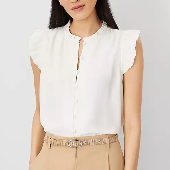 White Mixed Media Ruffle Shell Ann Taylor Short Sleeve Blouse [NEW] - Picture 1 of 7